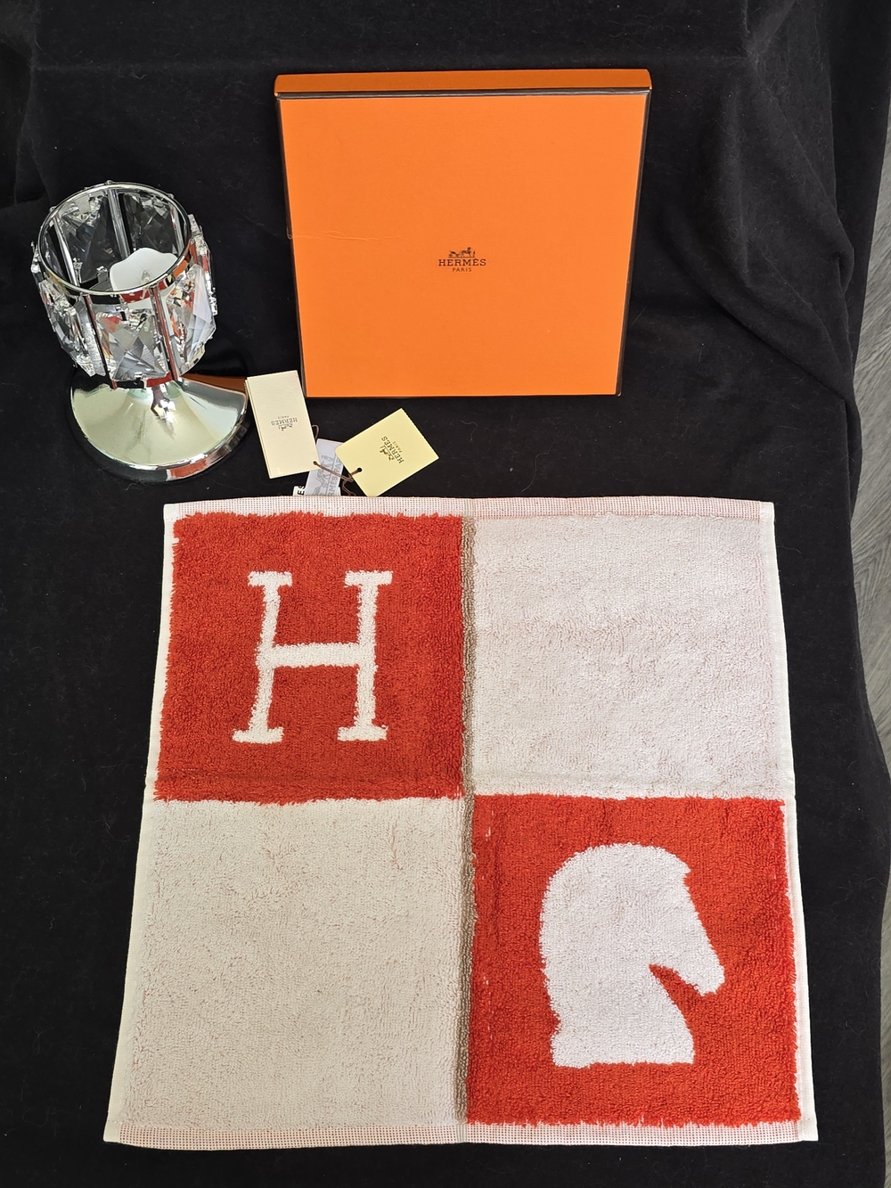 Hermes Orange and Cream Signature Square Bath Cloth with H and Knight Motifs NWT